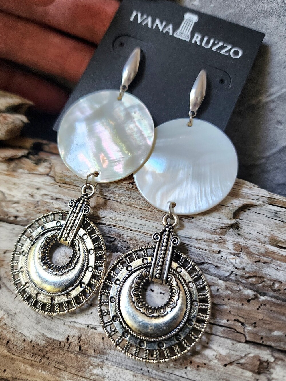 Designer Jewelry Natural Mother of Pearl Ethnic Inca Sun Silver Discs